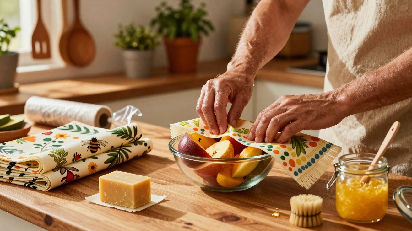 Pessoa a embrulhar fatias de maçã numa película reutilizável em cozinha com queijo e compota na bancada.