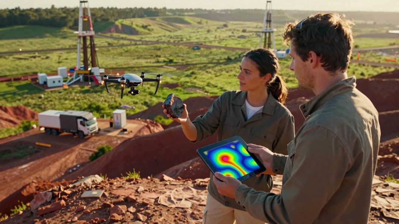 Dois geólogos em campo, um com uma pedra na mão e outro com tablet, com drone e instalações de perfuração ao fundo.