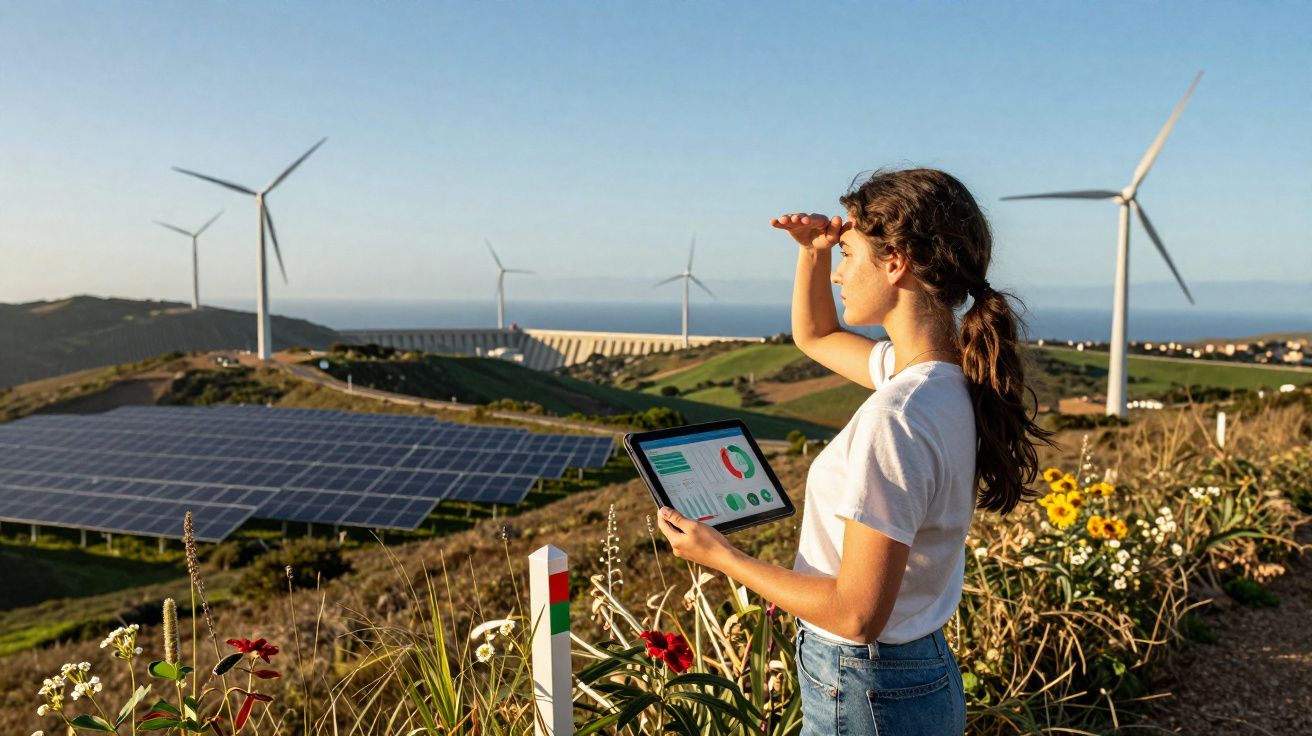 Mulher com tablet observa parque com turbinas eólicas e painéis solares em dia solarengo.