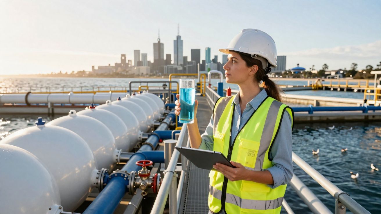 Técnica com colete e capacete segura copo de água azul em instalação de tratamento perto do mar.