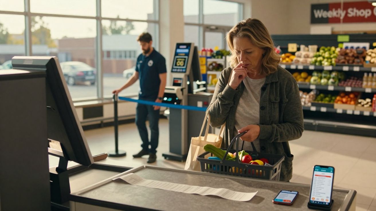 Mulher a fazer compras no supermercado com carrinho de legumes, olhando para lista na caixa registadora.