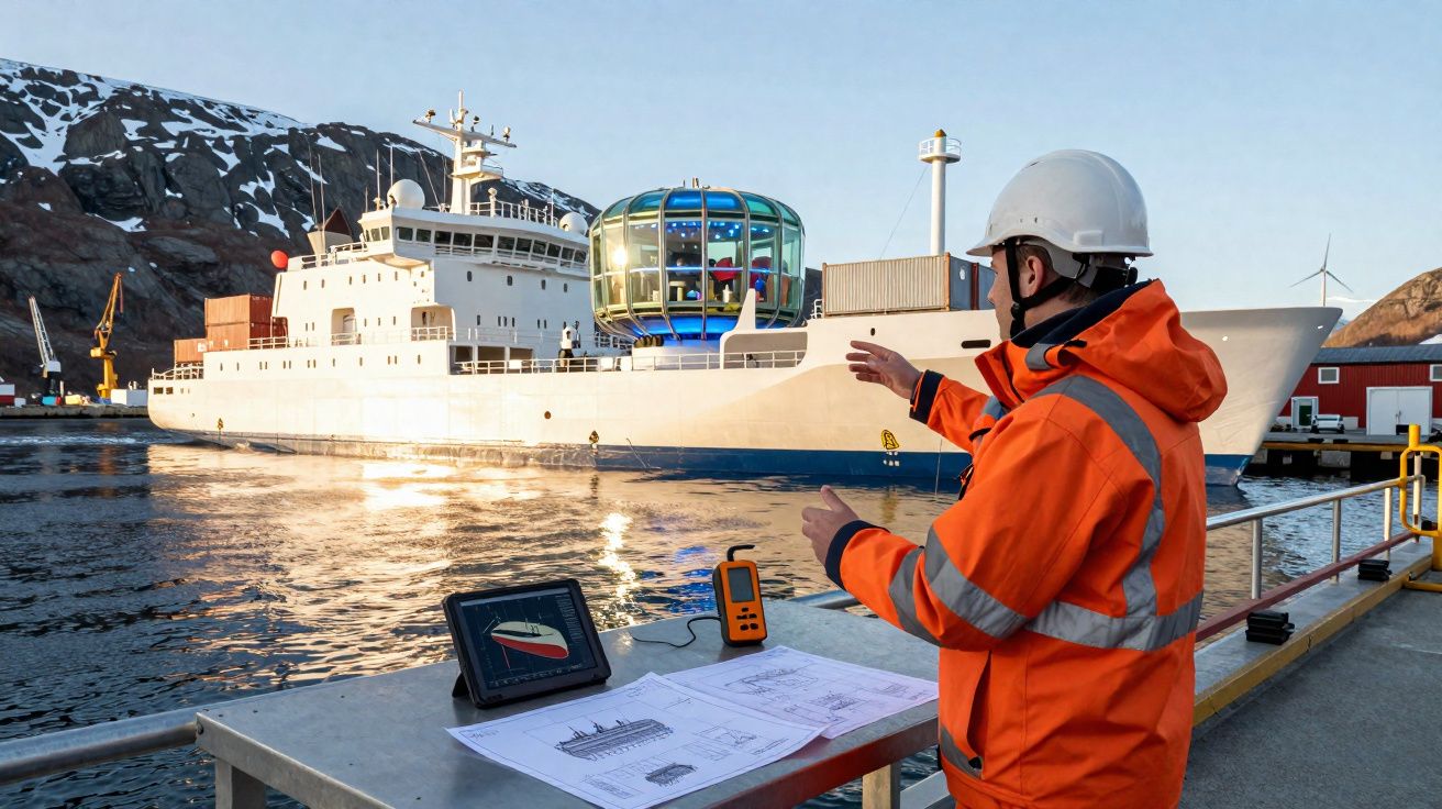 Trabalhador com capacete e colete laranja observa navio branco com cápsula azul num porto de neve.