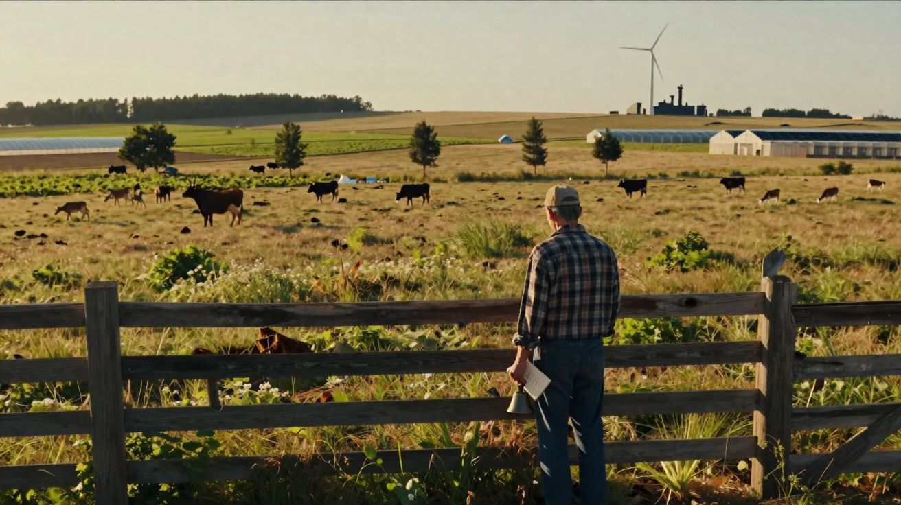 Homem observa pasto com vacas, moinho de vento e estufas ao fundo em paisagem rural ao pôr do sol.