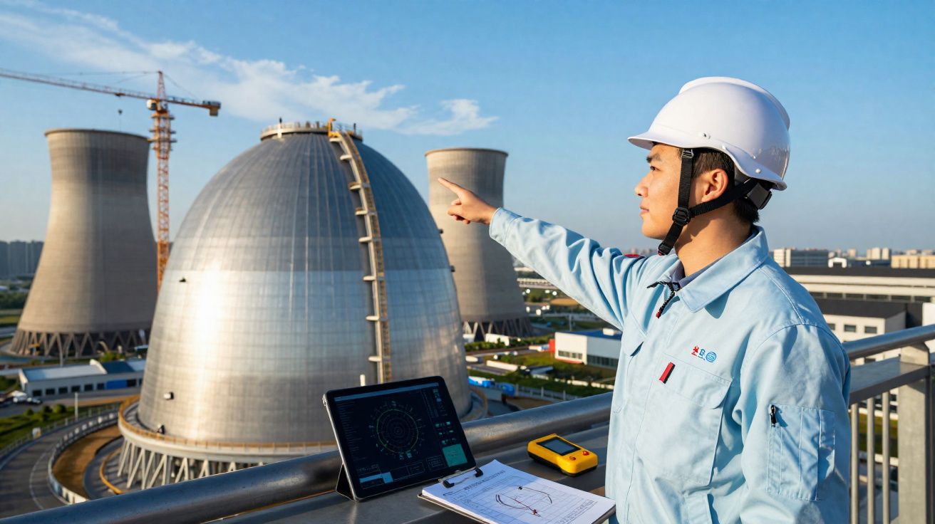 Engenheiro com capacete aponta para central nuclear com reatores esférico e torres de arrefecimento.
