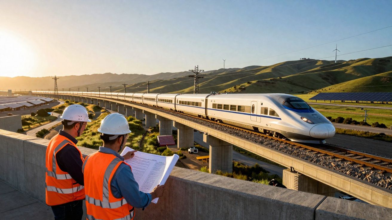 Dois engenheiros com coletes e capacetes observam comboio de alta velocidade numa linha elevada ao pôr do sol.