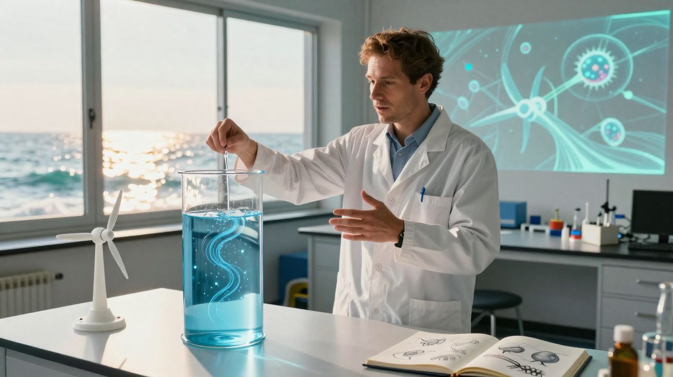 Cientista em laboratório manipulando líquido azul em recipiente grande com ilustração científica ao fundo.