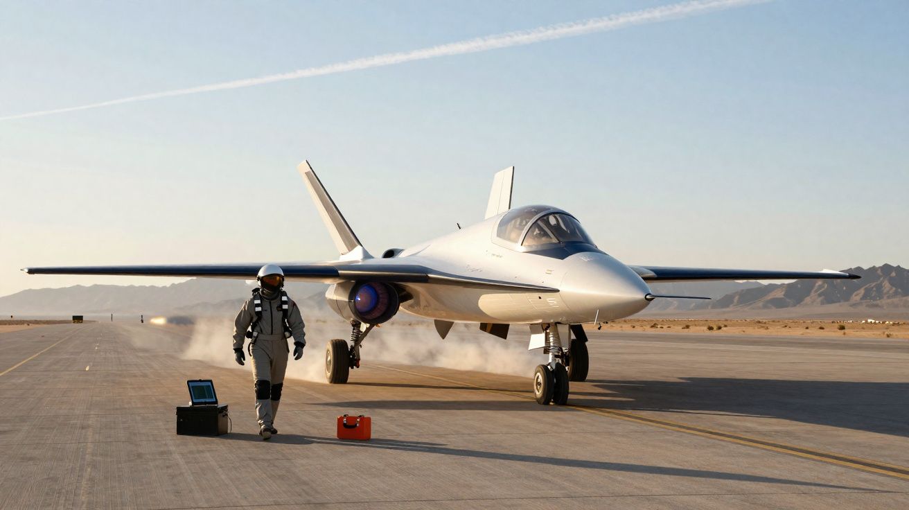 Avião de caça futurista em pista deserta com piloto em fatos espacial a caminhar ao lado.
