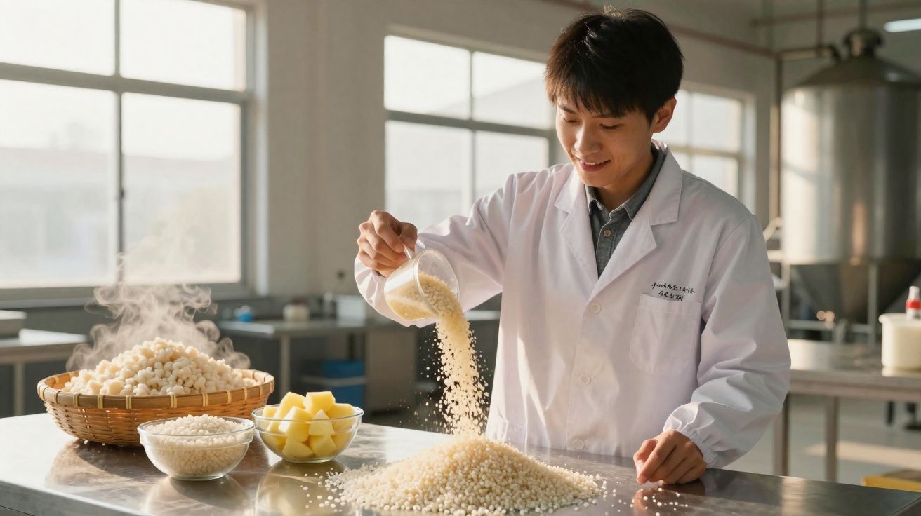 Homem com bata branca de laboratório a despejar ingredientes numa mesa, com vários recipientes à volta, numa cozinha.