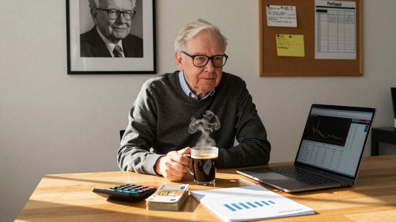 Homem idoso com óculos, sentado à mesa com café, computador portátil, calculadora e gráficos financeiros.