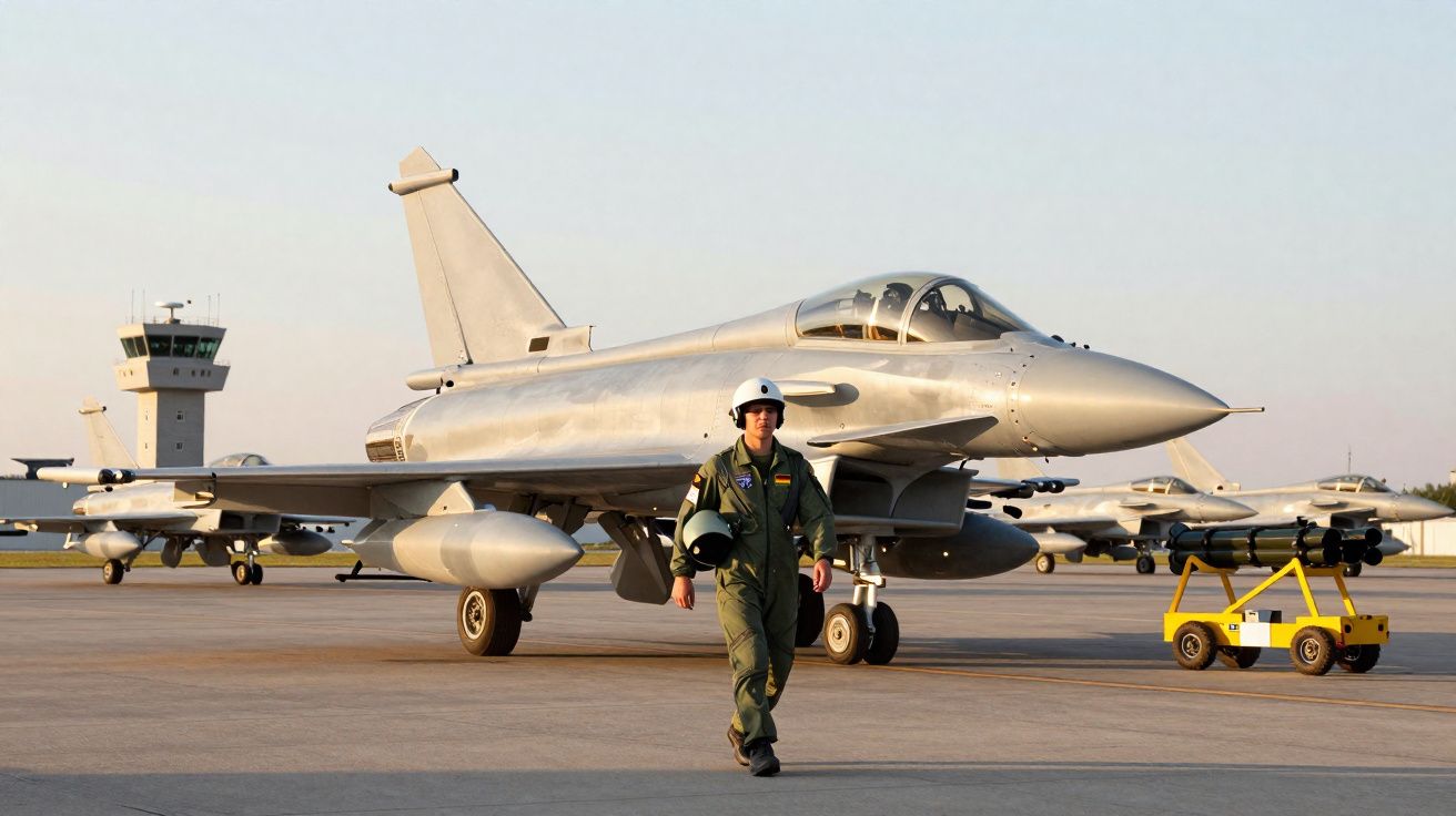 Piloto em fato de voo caminha em pista ao lado de caça militar estacionado num dia claro.