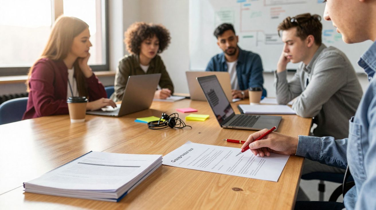 Grupo de cinco pessoas em reunião de trabalho com laptops e papéis numa mesa de madeira.