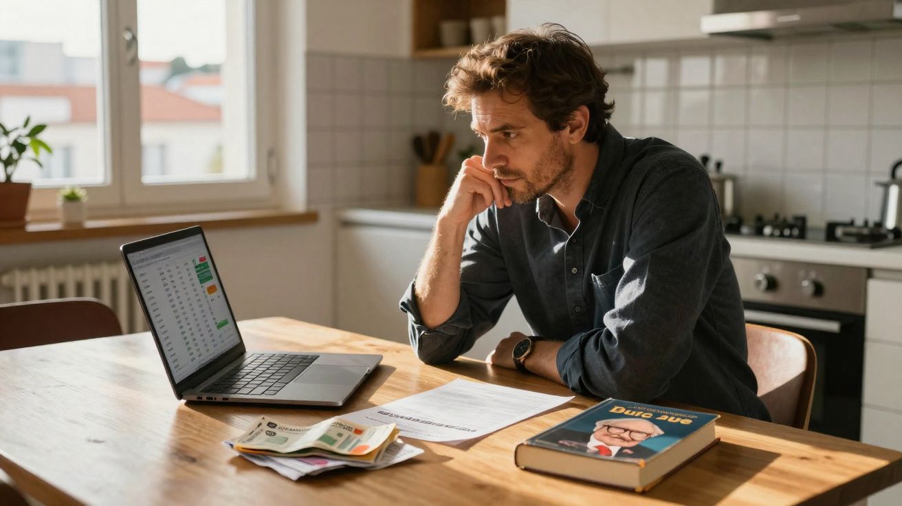 Homem sentado à mesa com computador, documentos e dinheiro, concentrado em ambiente de cozinha.
