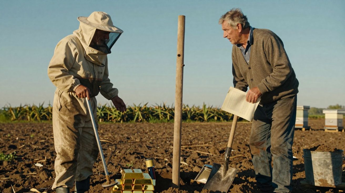 Dois homens em campo, um com fato de apicultor e outro com pá, junto a vários lingotes dourados no chão.