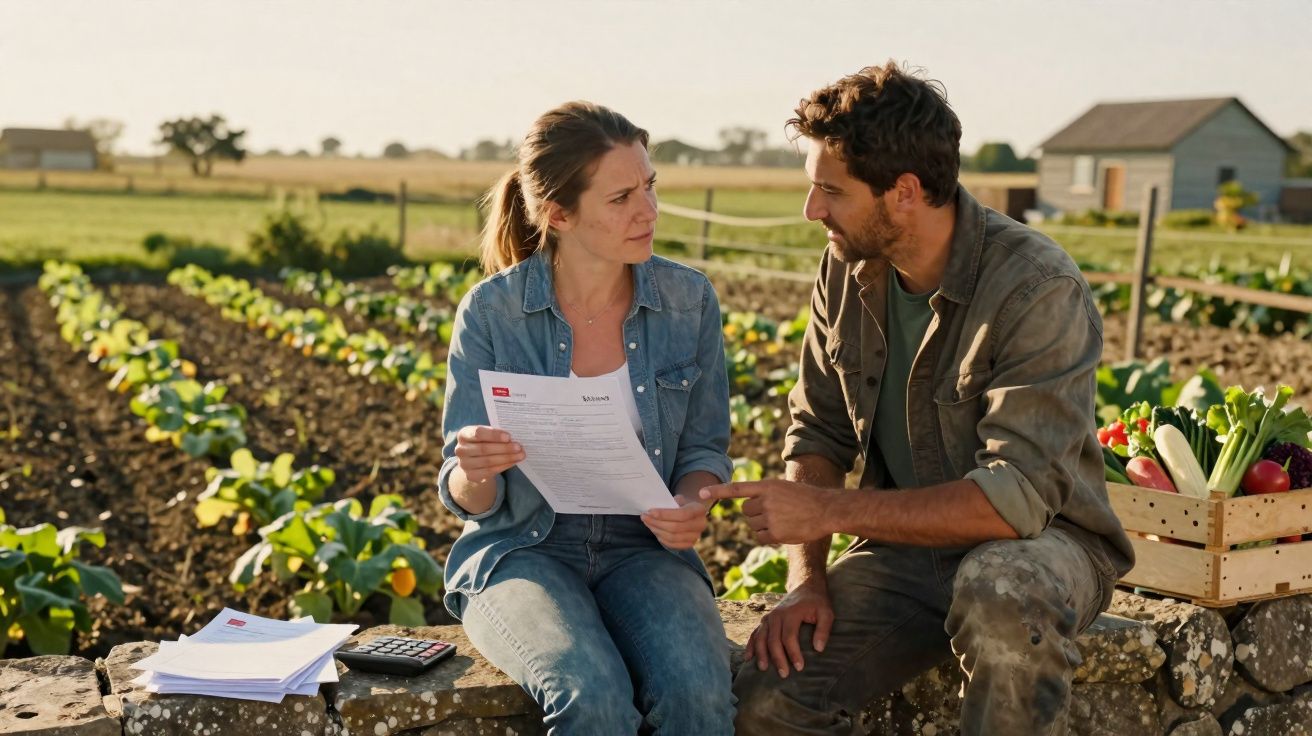 Homem e mulher sentados numa quinta a discutir documentos com legumes frescos numa caixa ao lado.