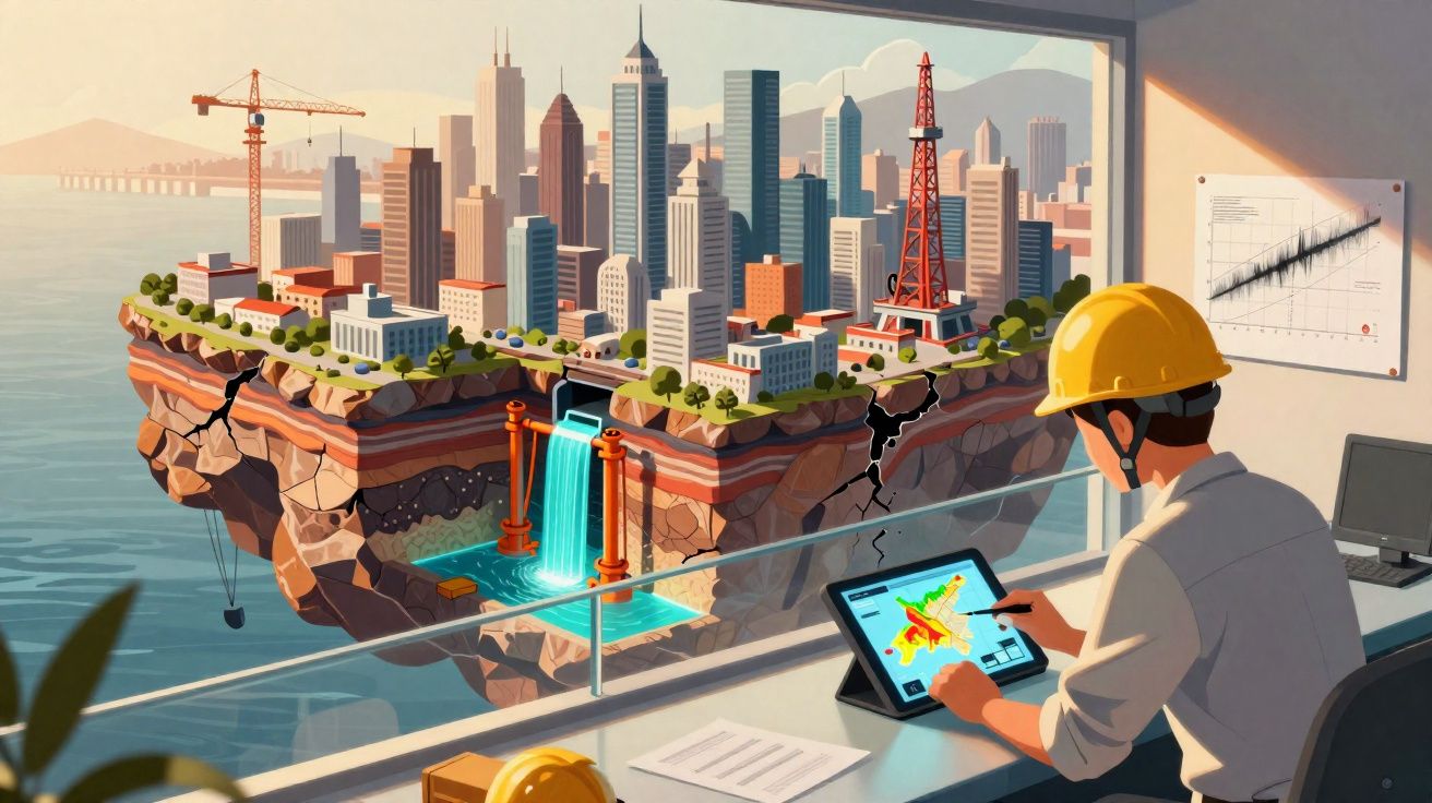 Engenheiro com capacete analisa mapa em tablet, vendo modelo de cidade flutuante com arranha-céus e falhas geológicas.
