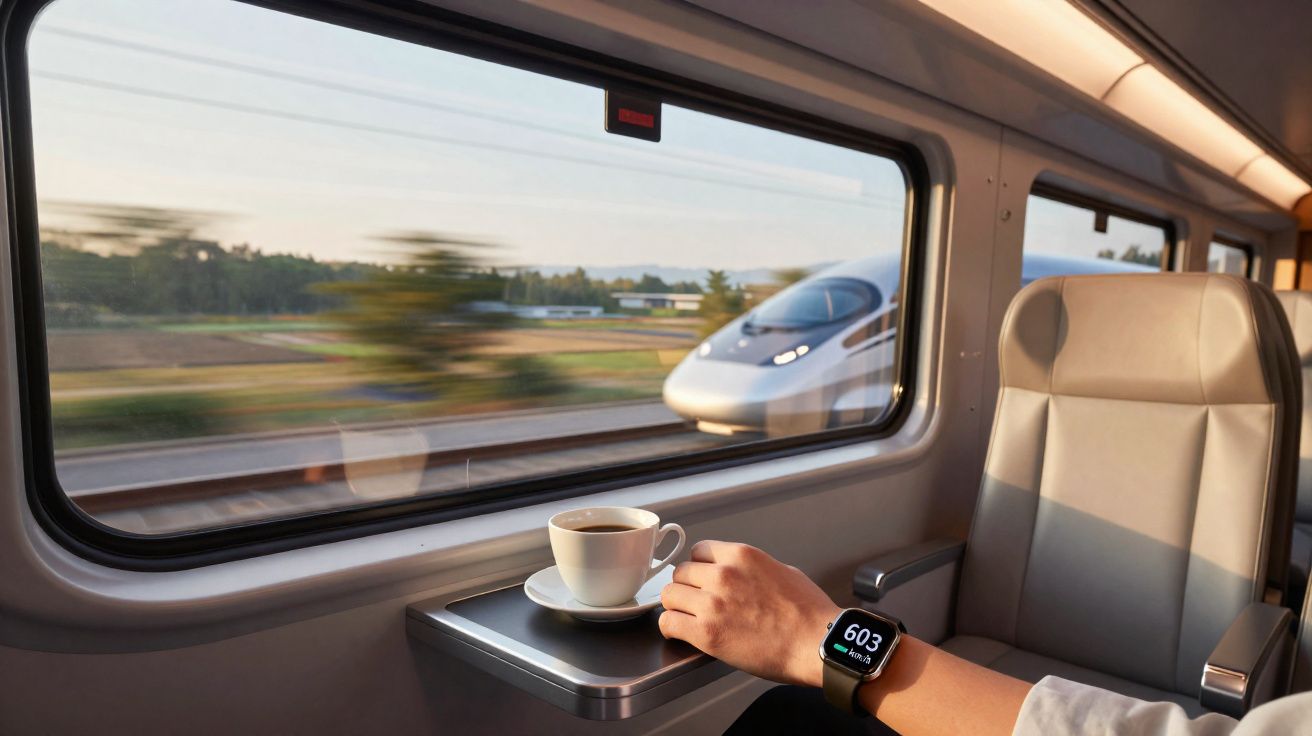 Pessoa com smartwatch segura chá numa viagem de comboio com comboio de alta velocidade a passar do lado de fora.