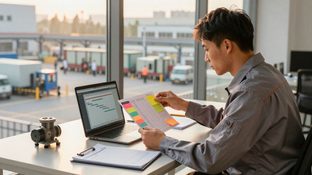 Homem a analisar gráfico e calendário no escritório com vista para armazém logístico ao fundo.