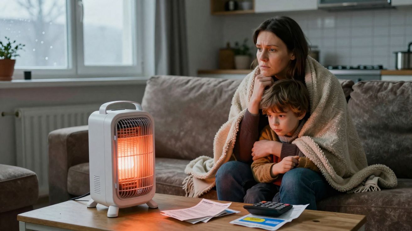 Mulher e criança sentados no sofá com manta, aquecendo-se junto a aquecedor elétrico numa sala de estar.