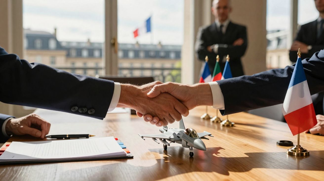 Duas pessoas apertam as mãos sobre uma mesa com maquete de avião militar e bandeira de França.