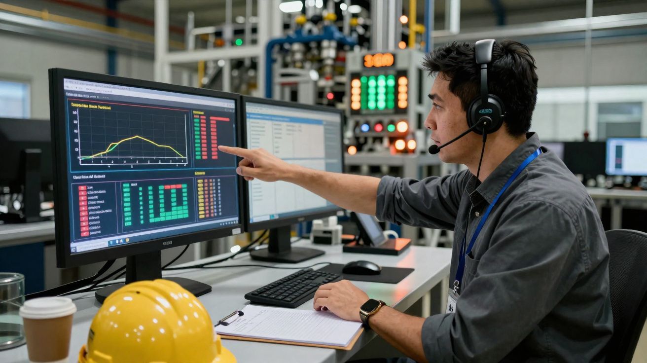 Homem com headset aponta para gráficos num monitor num ambiente industrial moderno.