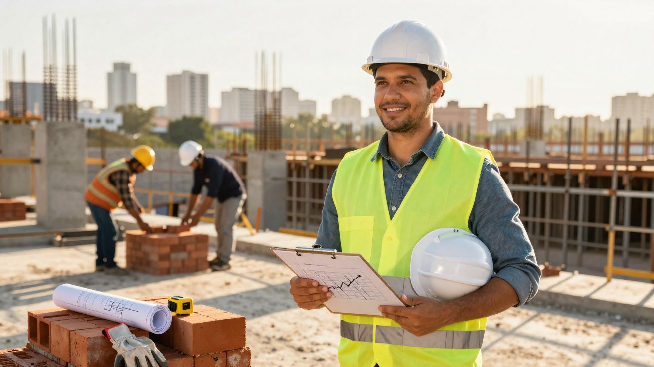 Engenheiro de obra com colete refletor e capacete, segurando planta, em construção com trabalhadores ao fundo.