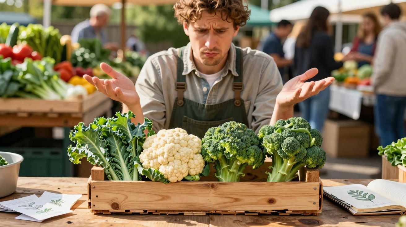Homem com expressão confusa examina couve, couve-flor e brócolos numa banca de mercado ao ar livre.