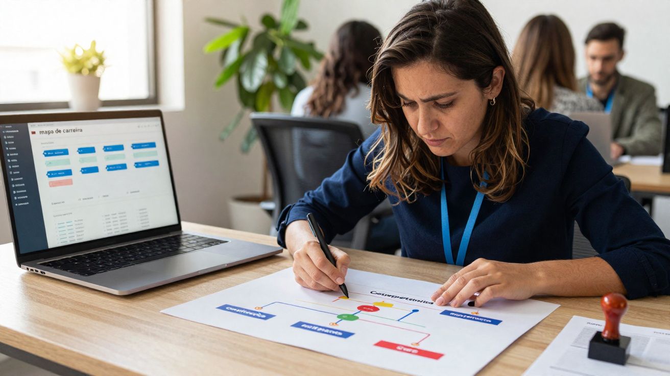 Mulher a trabalhar numa mesa com laptop aberto e a desenhar um diagrama em folha numa sala de escritório.