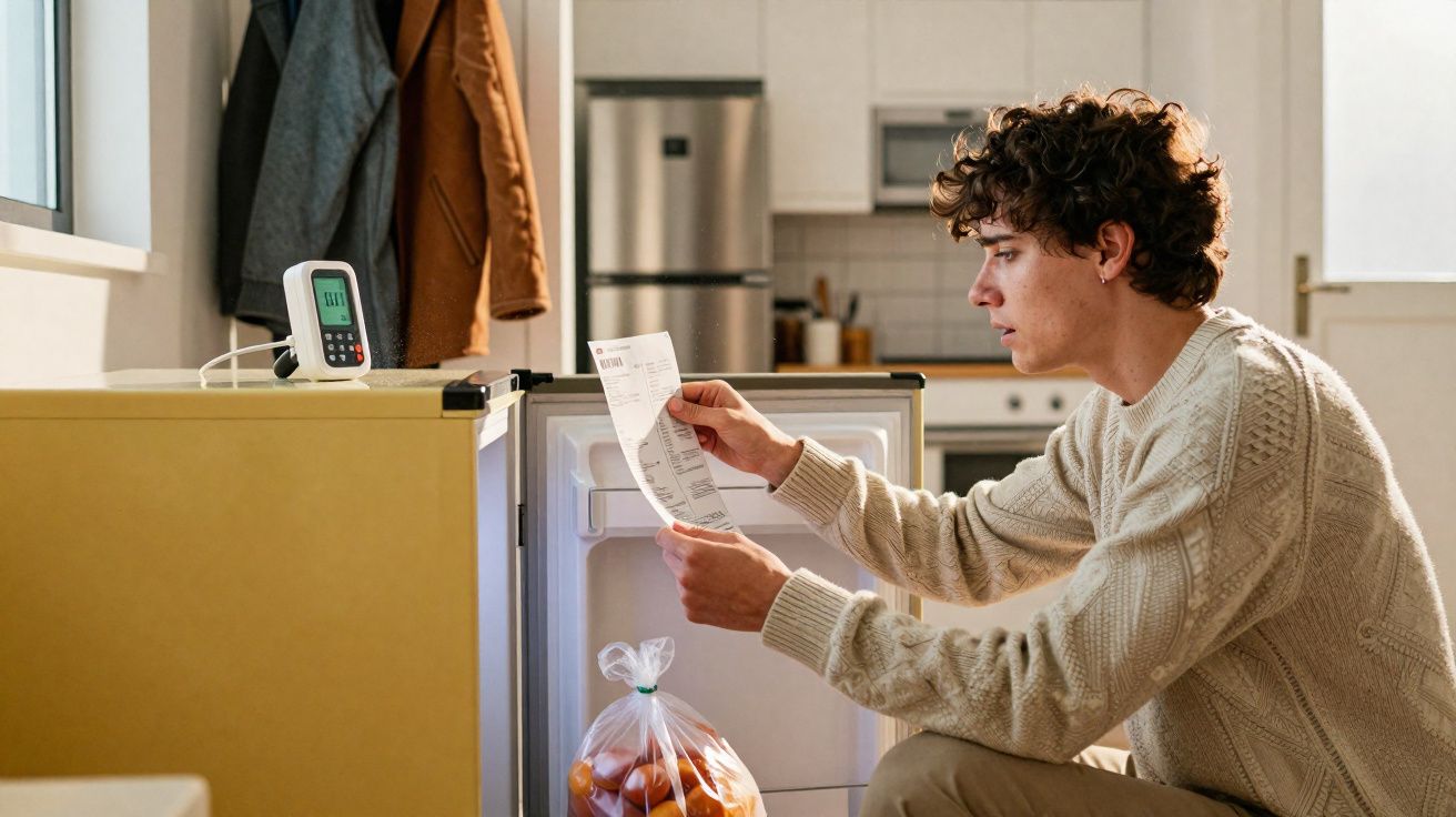 Pessoa jovem a ler uma fatura perto de um frigorífico aberto com sacola de legumes dentro.