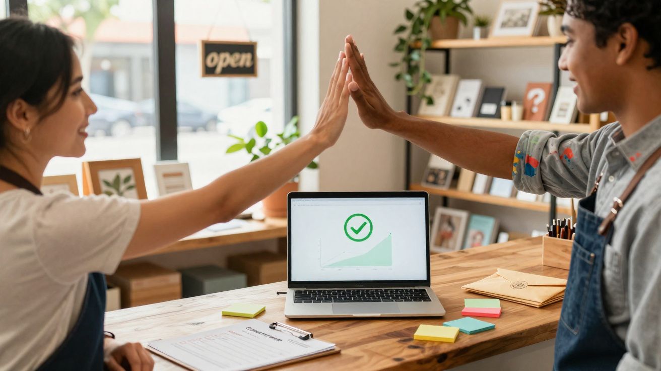 Duas pessoas a dar um high-five num balcão junto a um portátil com gráfico de crescimento e visto verde.
