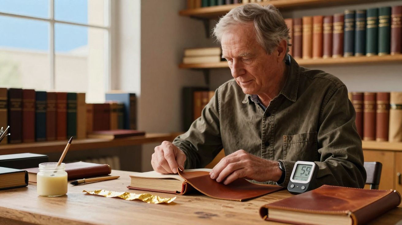 Homem idoso restaurando capa de livro em ambiente com estantes cheias de livros atrás.