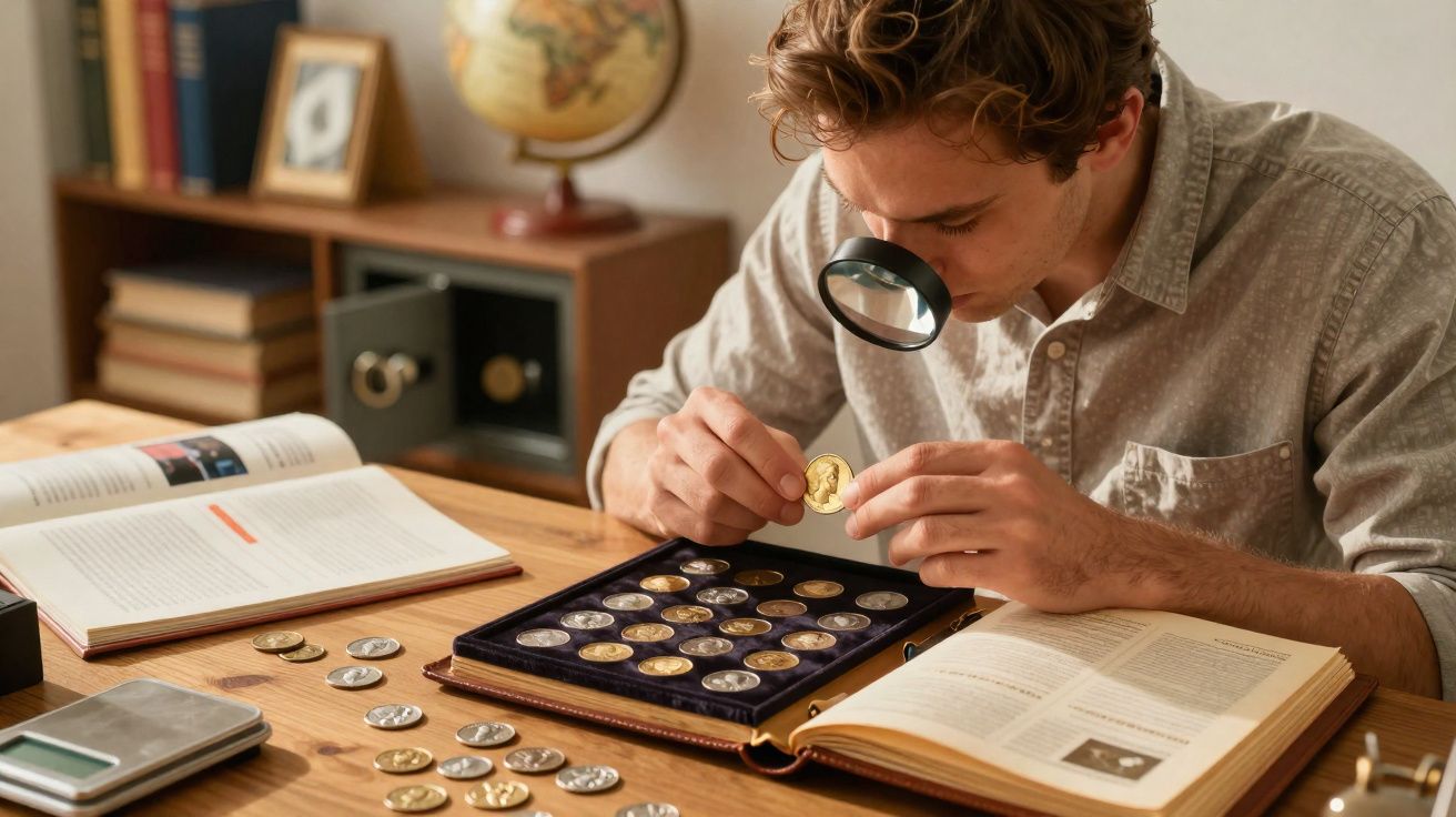 Homem examina moedas com lupa numa coleção organizada sobre uma mesa de madeira.