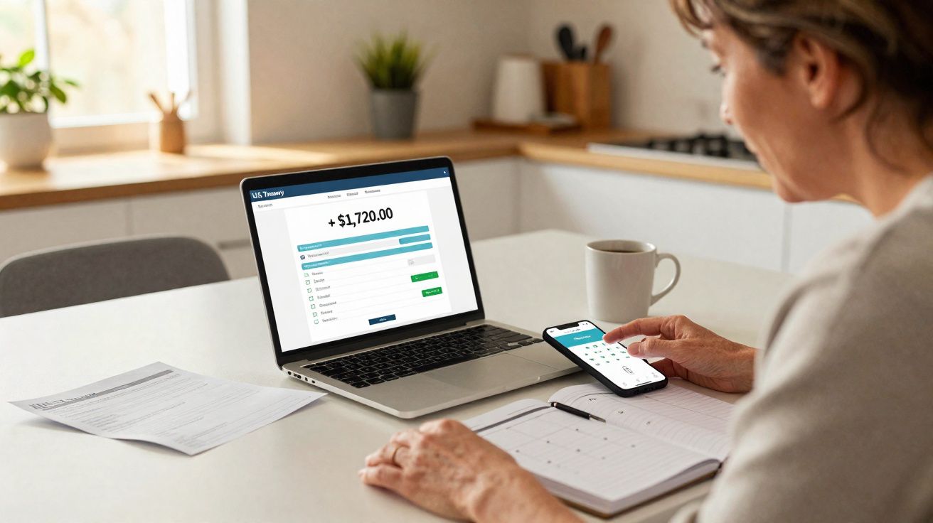 Mulher a consultar finanças no portátil e agenda digital no telemóvel numa cozinha moderna.