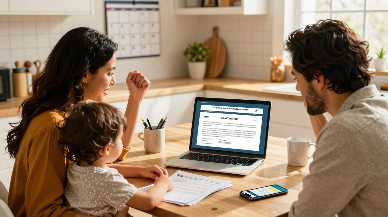 Casal e criança sentados à mesa a consultar informação num portátil e smartphone numa cozinha luminosa.