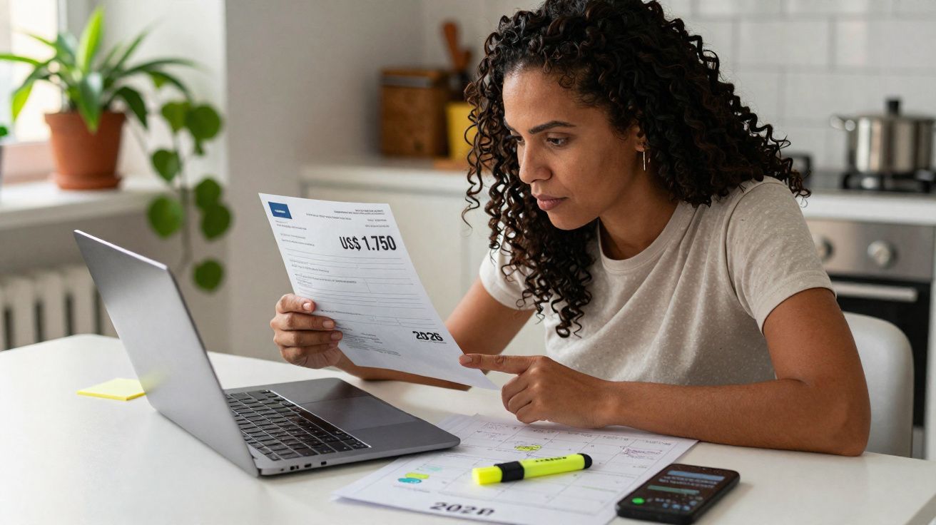 Mulher a analisar fatura enquanto usa portátil, com documentos e telemóvel numa mesa de cozinha.