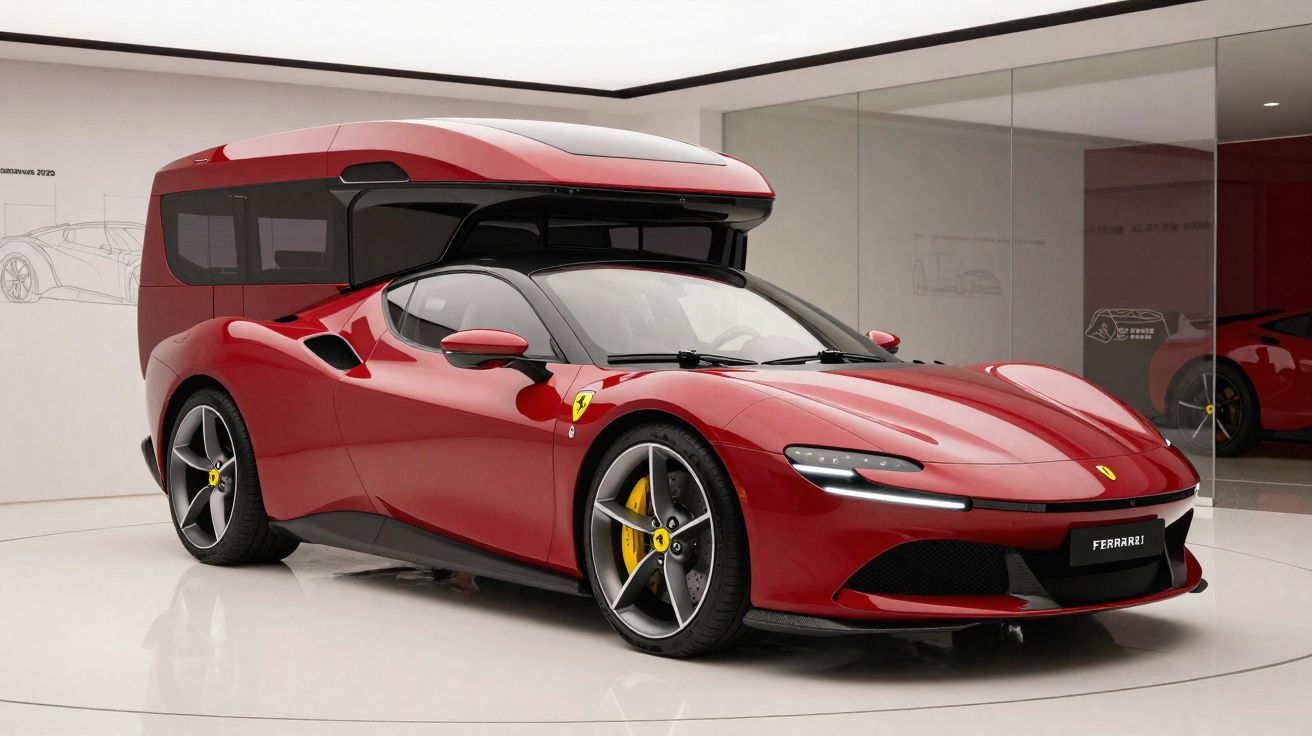 Carro desportivo vermelho Ferrari com estrutura elevada na parte traseira exposto em salão moderno.