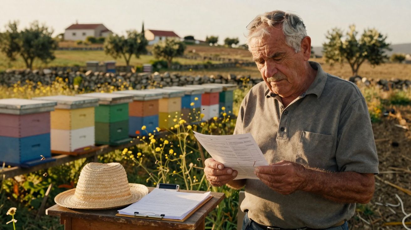 Homem idoso analisa documentos junto a colmeias coloridas numa paisagem rural com flores e árvores.