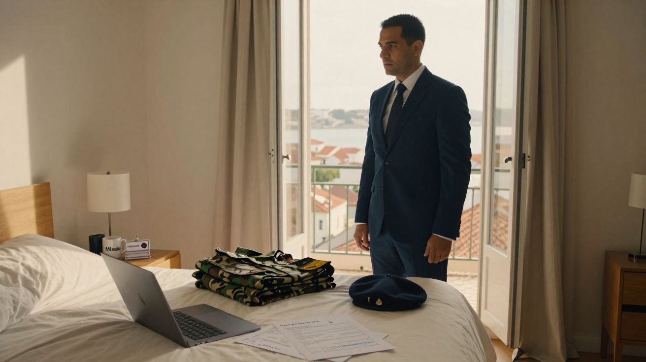 Homem de fato azul está parado em quarto com cama, laptop, papelada, roupa camuflada e boina na cama.