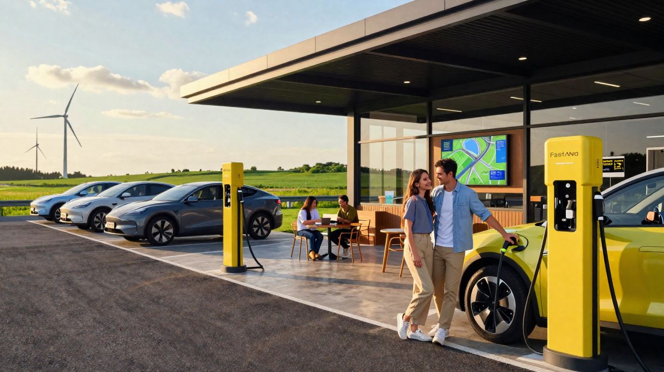 Par jovem junto a carro elétrico amarelo a ser carregado numa estação de carregamento com turbinas eólicas ao fundo.