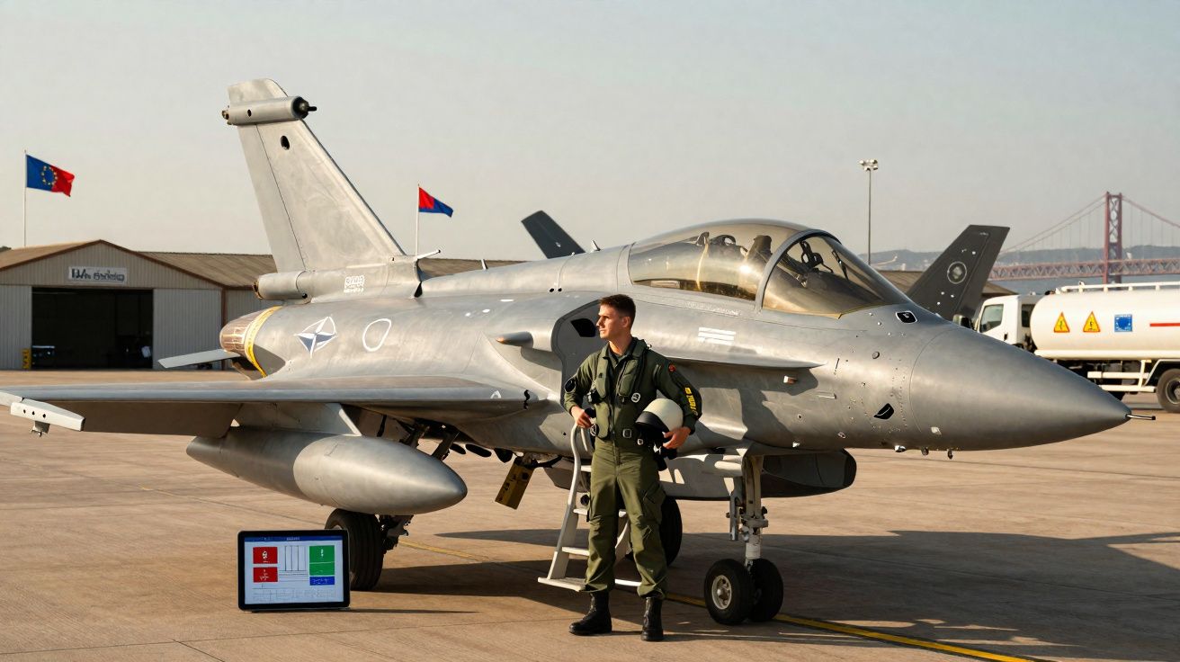 Caça militar estacionado com piloto em uniforme verde e capacete na mão num aeroporto ao entardecer.