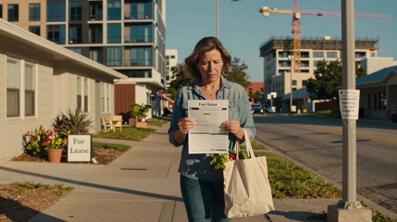 Mulher com saco de compras lê papel na mão numa rua junto a prédios e um letreiro de "For Lease".