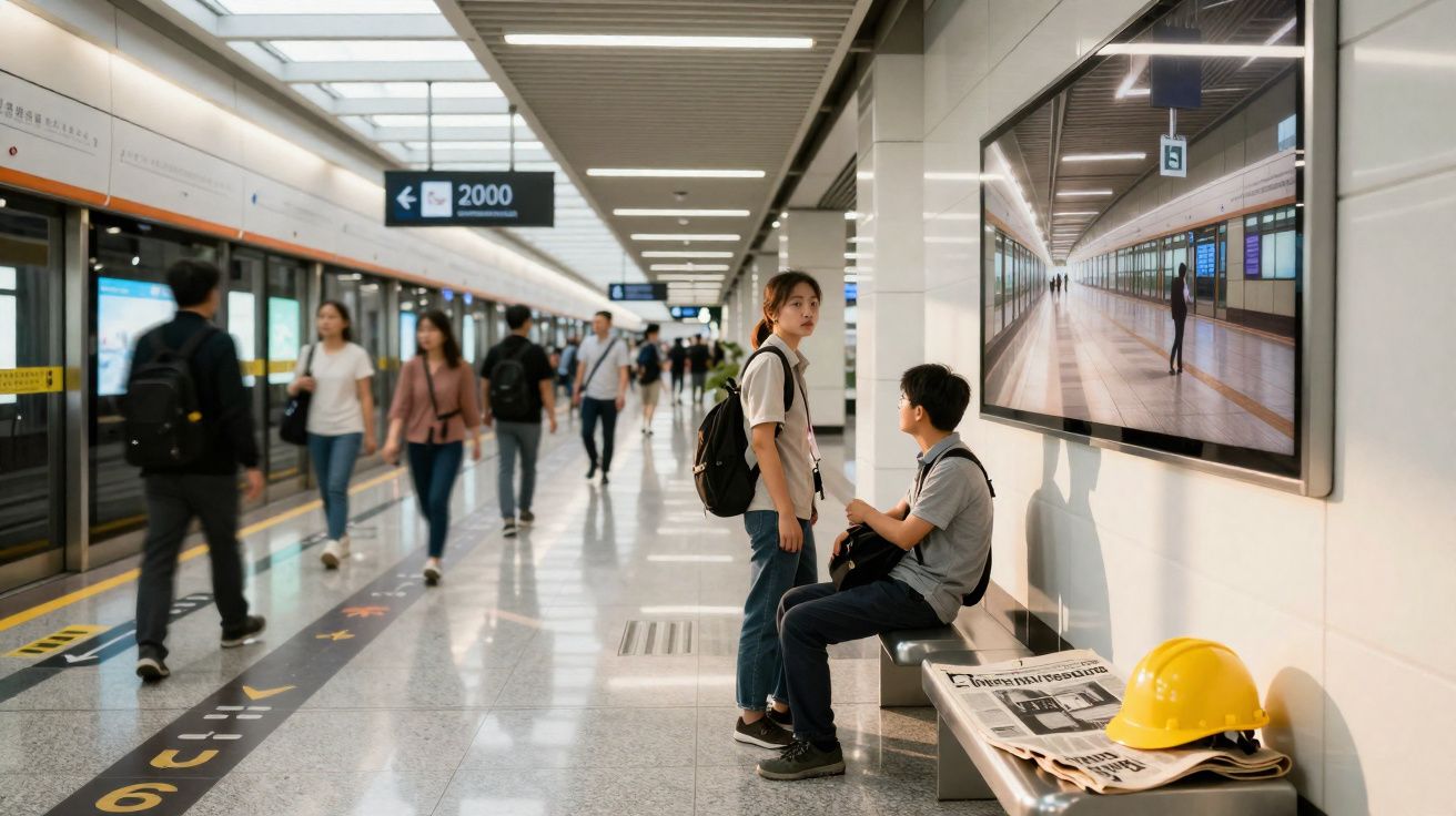Estação de metro com pessoas a andar, dois jovens parados e um banco com capacete e jornal.
