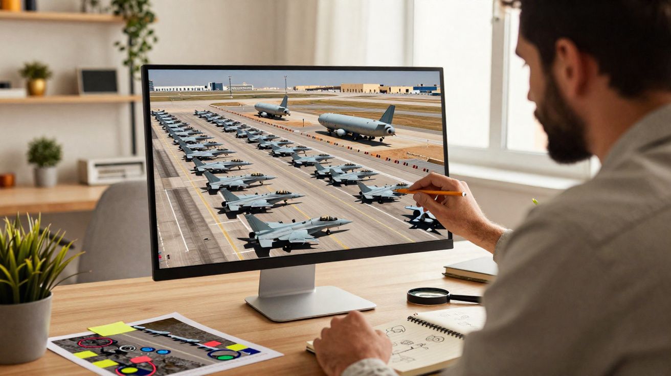 Homem a apontar com lápis para ecrã com imagem de vários aviões militares alinhados num aeroporto.