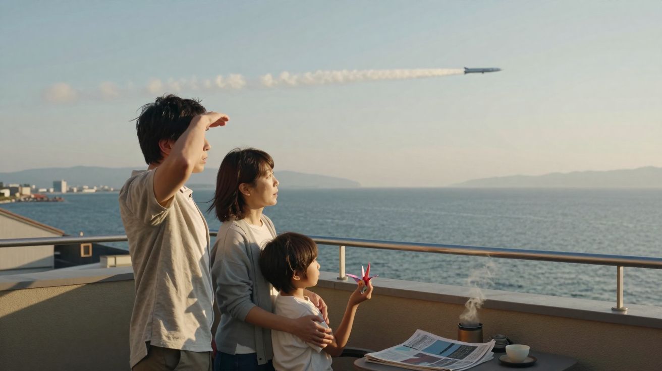 Família observa avião no céu junto a varanda com vista para o mar ao pôr do sol.