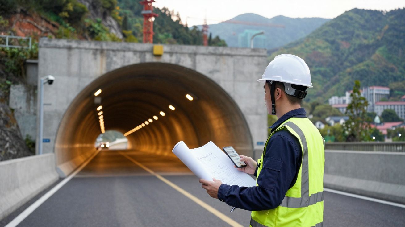 Engenheiro de segurança com capacete e colete a analisar planos junto a túnel rodoviário em zona montanhosa.