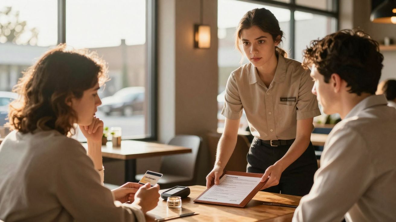 Empregada a apresentar o menu a um casal sentado numa mesa de restaurante iluminado pela luz natural.