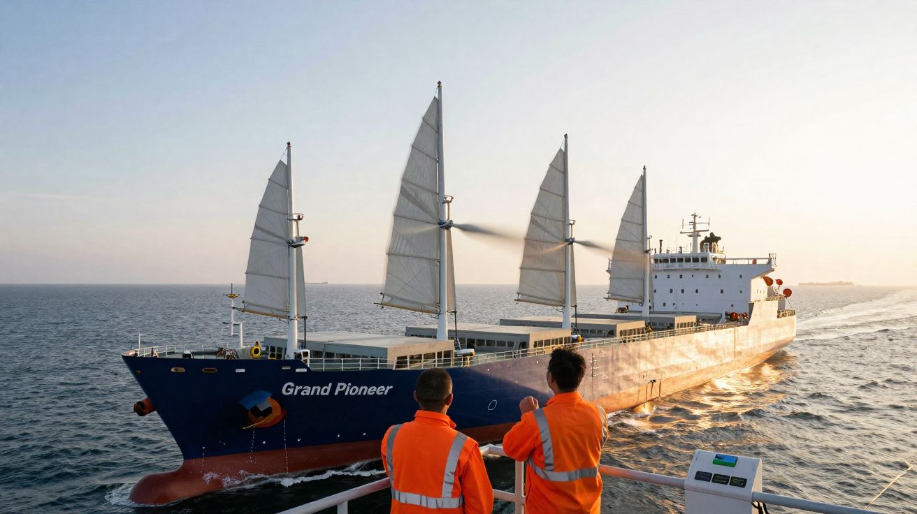 Navio de carga Grand Pioneer com velas em mar aberto ao pôr do sol, visto de dois tripulantes com coletes laranja.