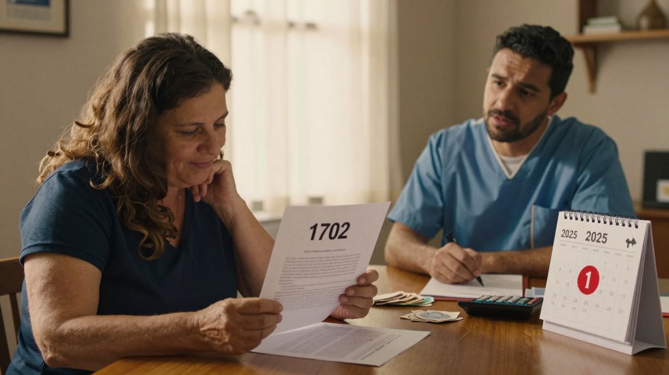 Mulher lendo documento sentada à mesa com homem, calendário 1 de janeiro de 2025 visível.