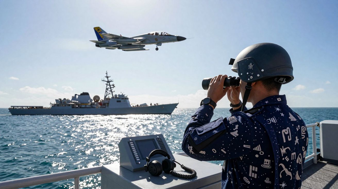 Militar com capacete observa avião que sobrevoa navio militar em mar calmo sob céu limpo.