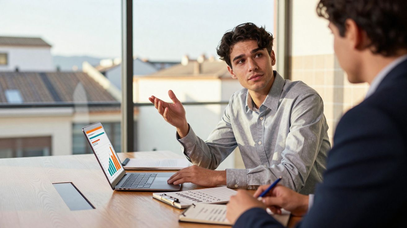Dois homens em reunião de trabalho, um apresenta dados num computador portátil, o outro toma notas.