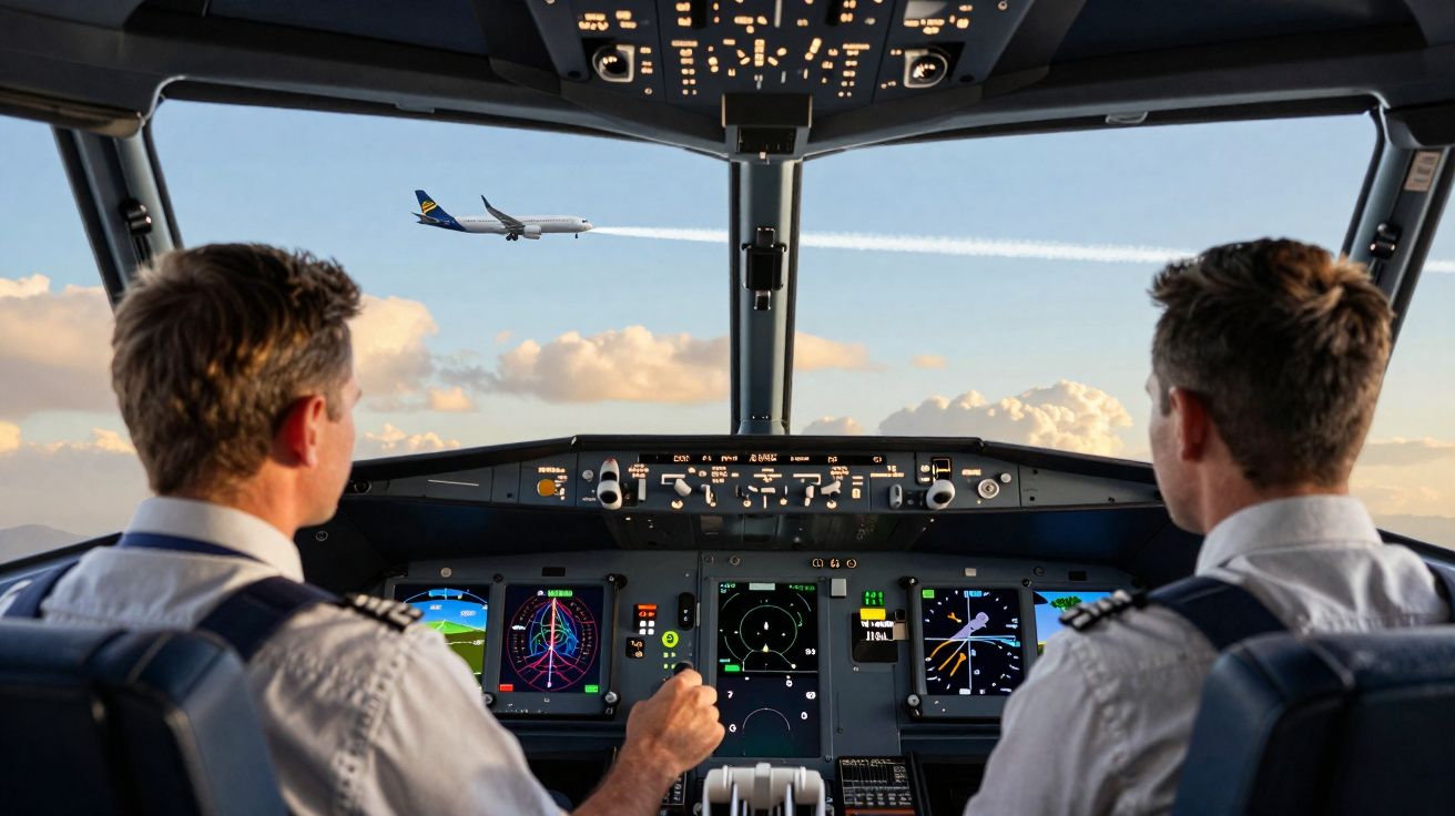 Dois pilotos na cabine de comando de um avião observam outra aeronave no céu durante o voo.